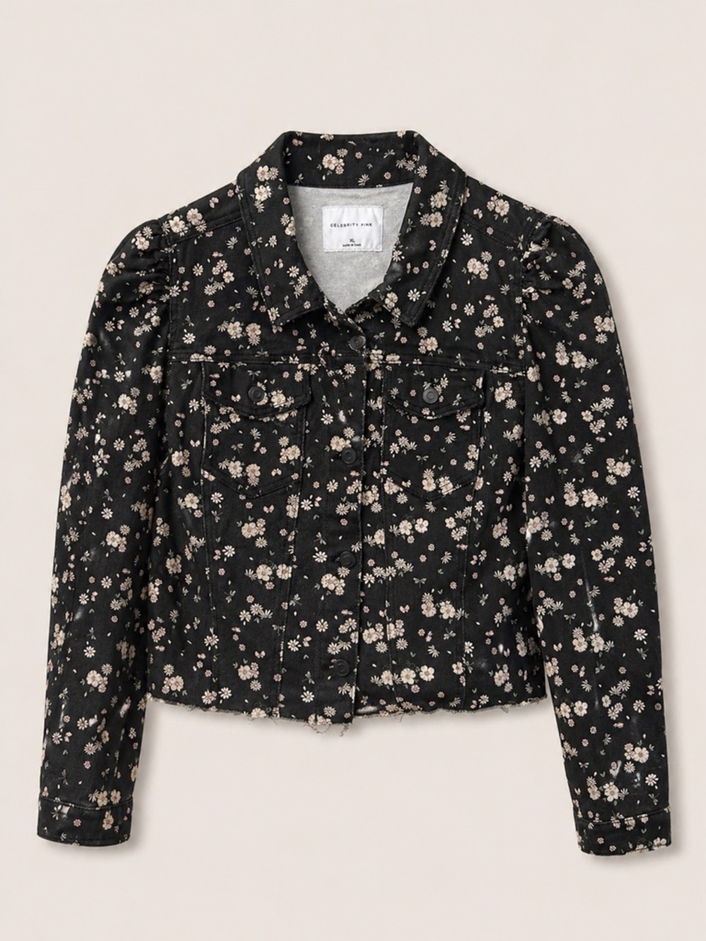 Celebrity Pink Floral Denim Jacket Cropped Dragonfly Print Size XL Boho